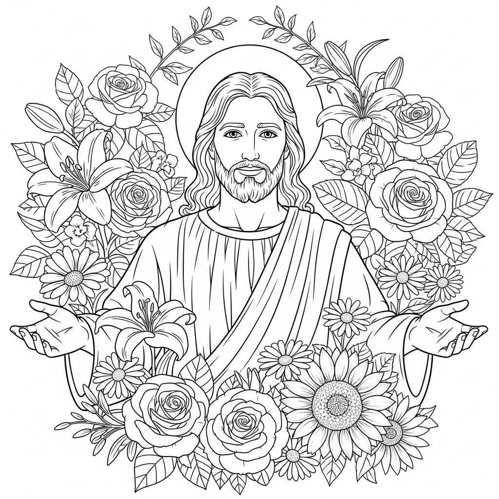 Desenho de Jesus com Flores para Colorir