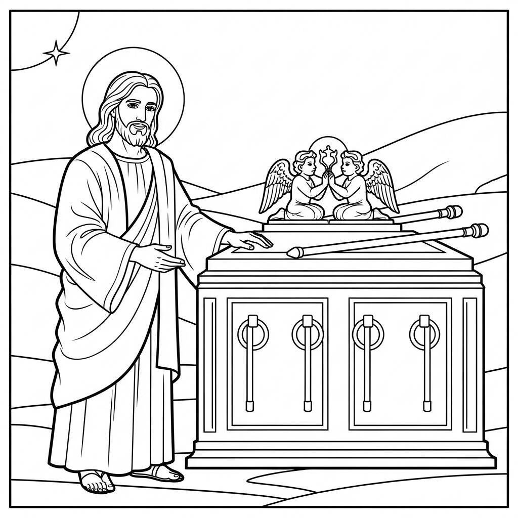 Desenho de Jesus e a Arca da Aliança para Colorir