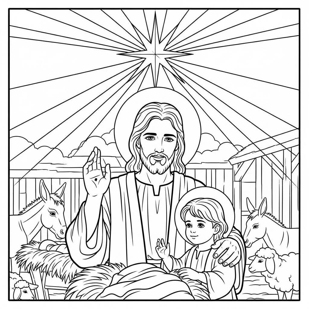 Desenho de Jesus e a Estrela de Belém para Colorir