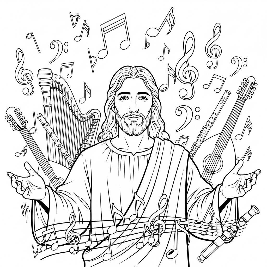 Desenho de Jesus e a Música para Colorir