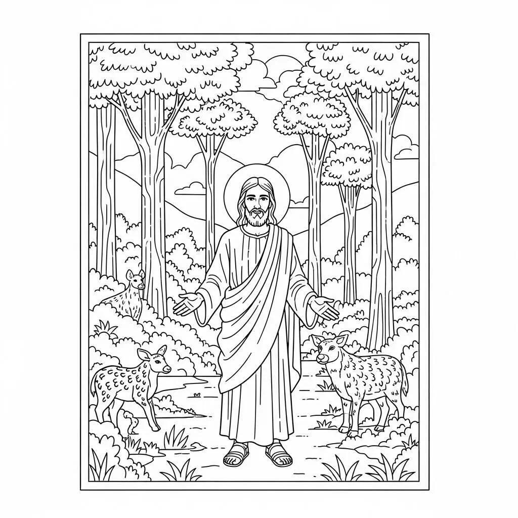 Desenho de Jesus e a Natureza para Colorir