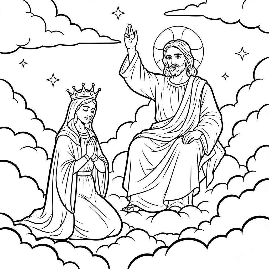 Desenho de Jesus e a Rainha do Céu para Colorir