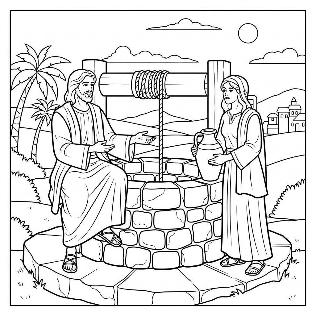Coloriage Jésus et la Samaritaine au puits