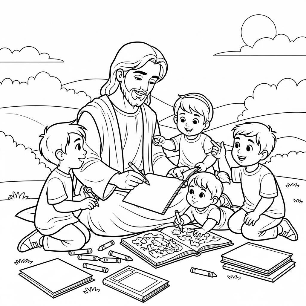 Desenho de Jesus e as Crianças Brincando para Colorir