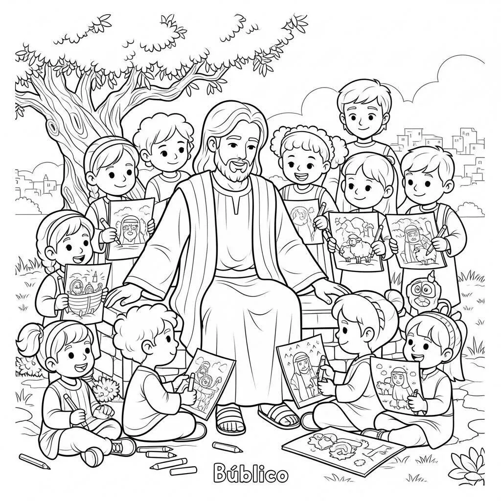 Desenho de Jesus e as Crianças para Colorir