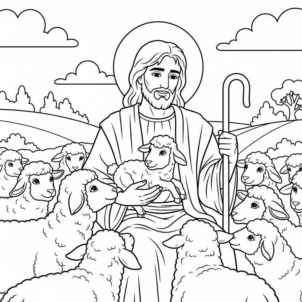 Desenho de Jesus e o Bom Pastor para Colorir