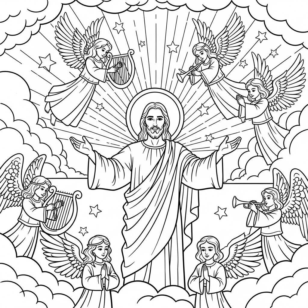 Desenho de Jesus e os Anjos para Colorir