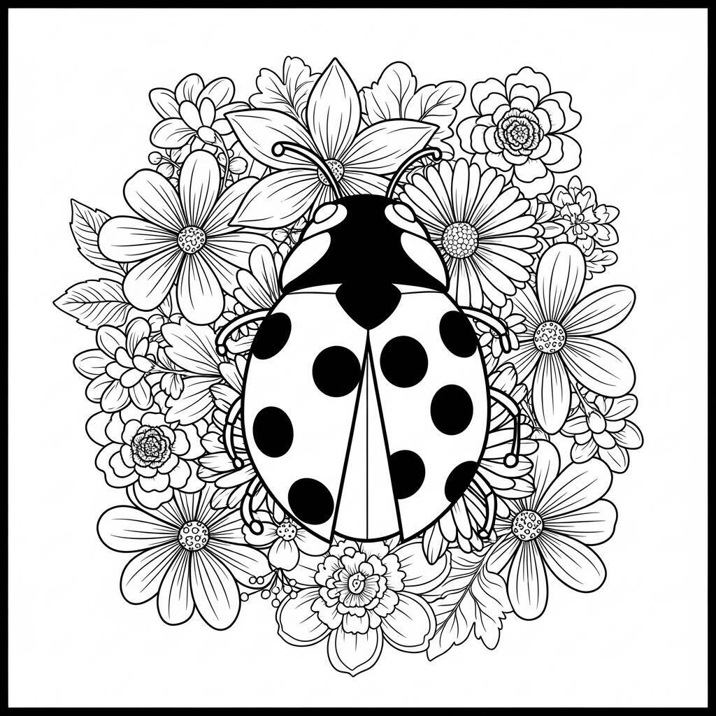 Desenho de Joaninha com Detalhes Florais para Colorir
