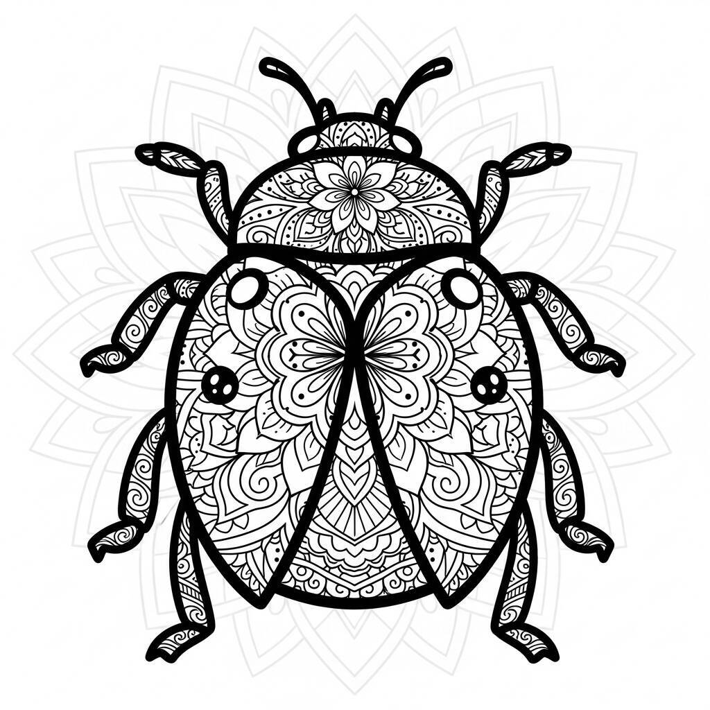 Desenho de Joaninha com Detalhes de Mandala para Colorir