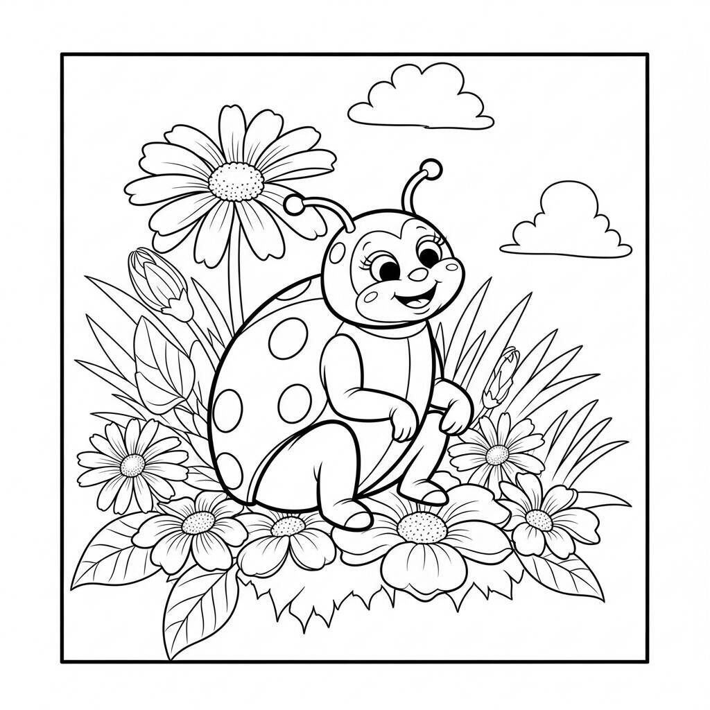 Desenho de Joaninha e Flores para Colorir