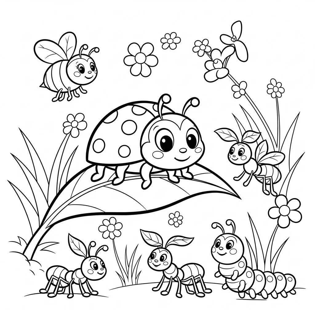 Desenho de Joaninha e Insetos Amigáveis para Colorir