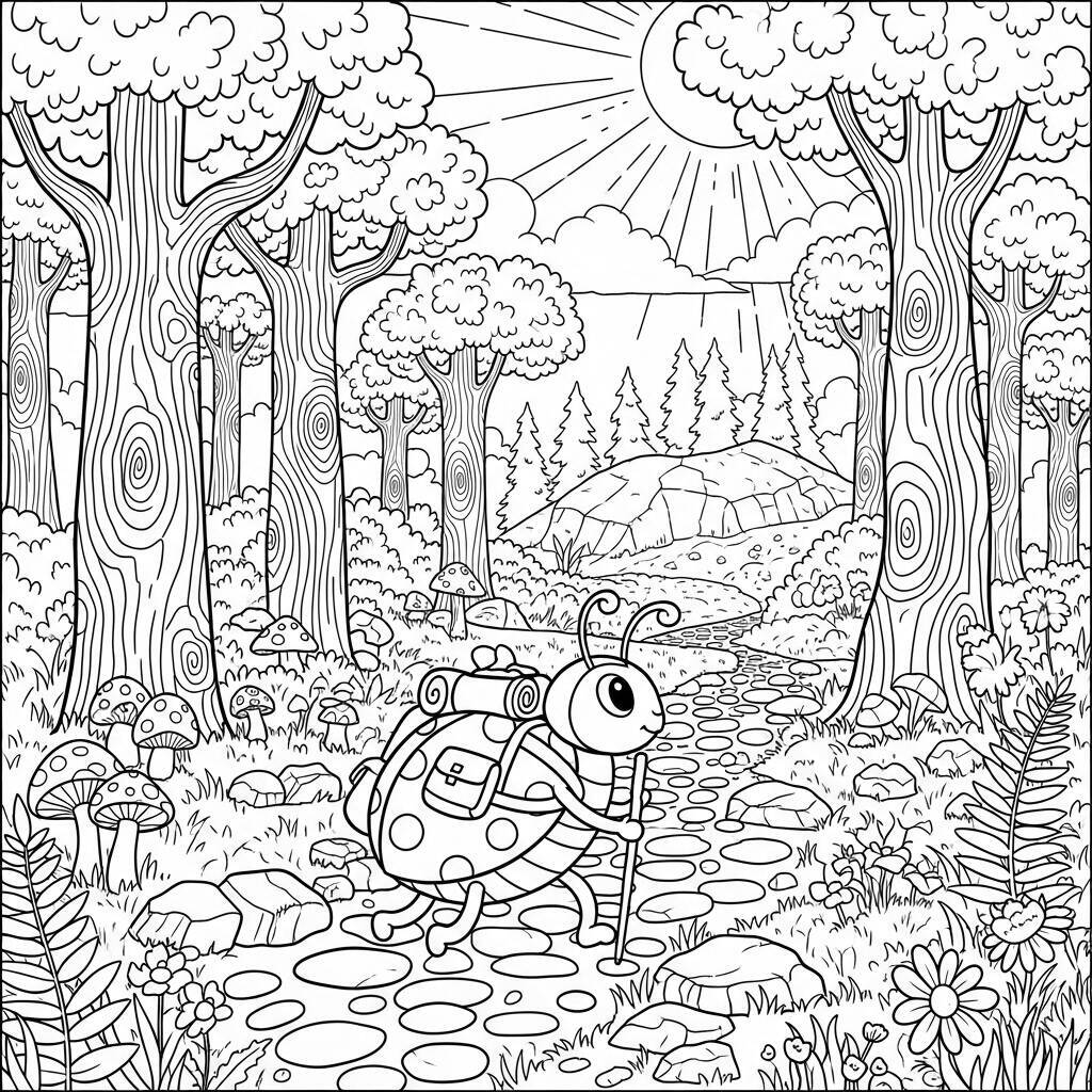 Desenho de Joaninha em uma Aventura na Floresta para Colorir