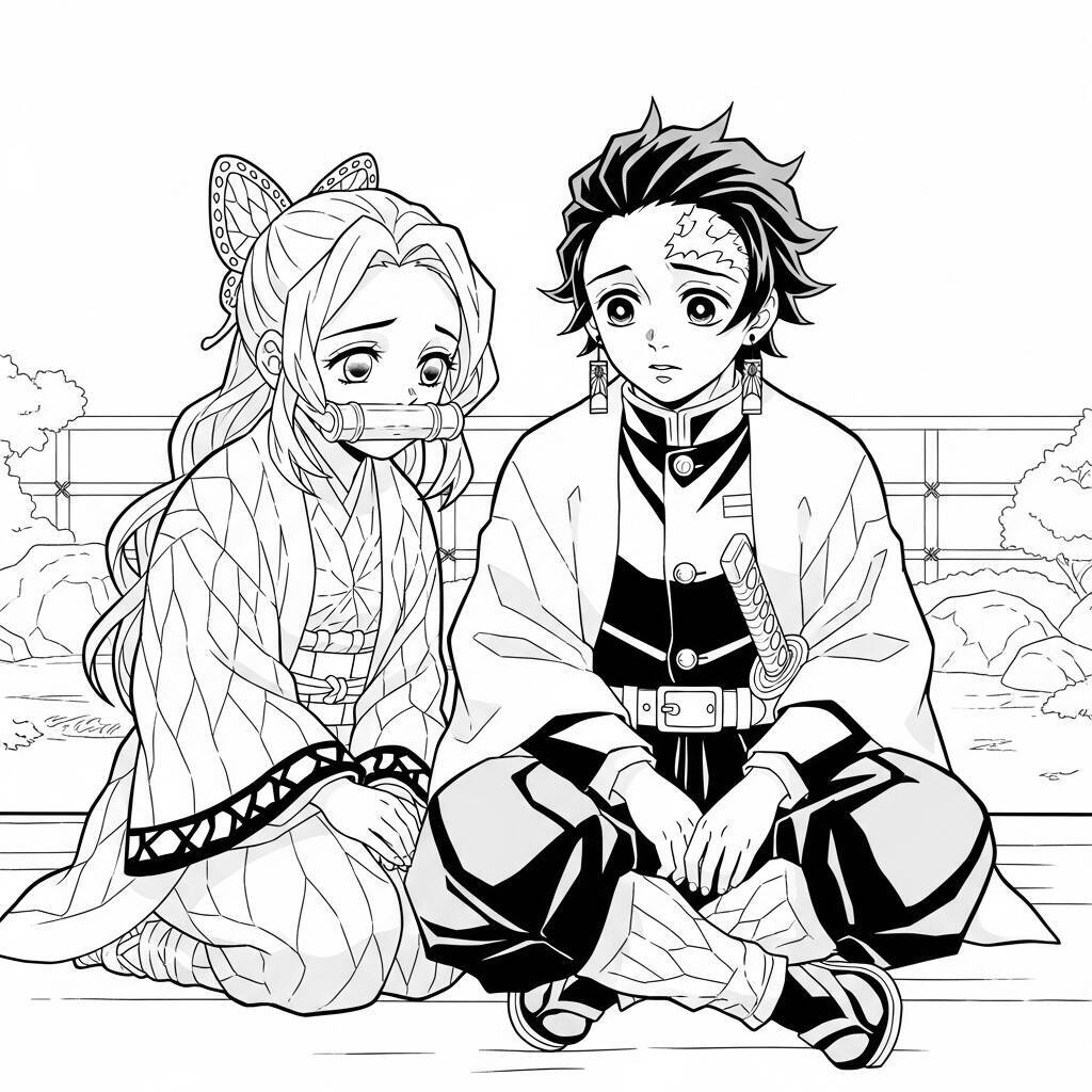 Ausmalbild: Kanao und Tanjiro zusammen