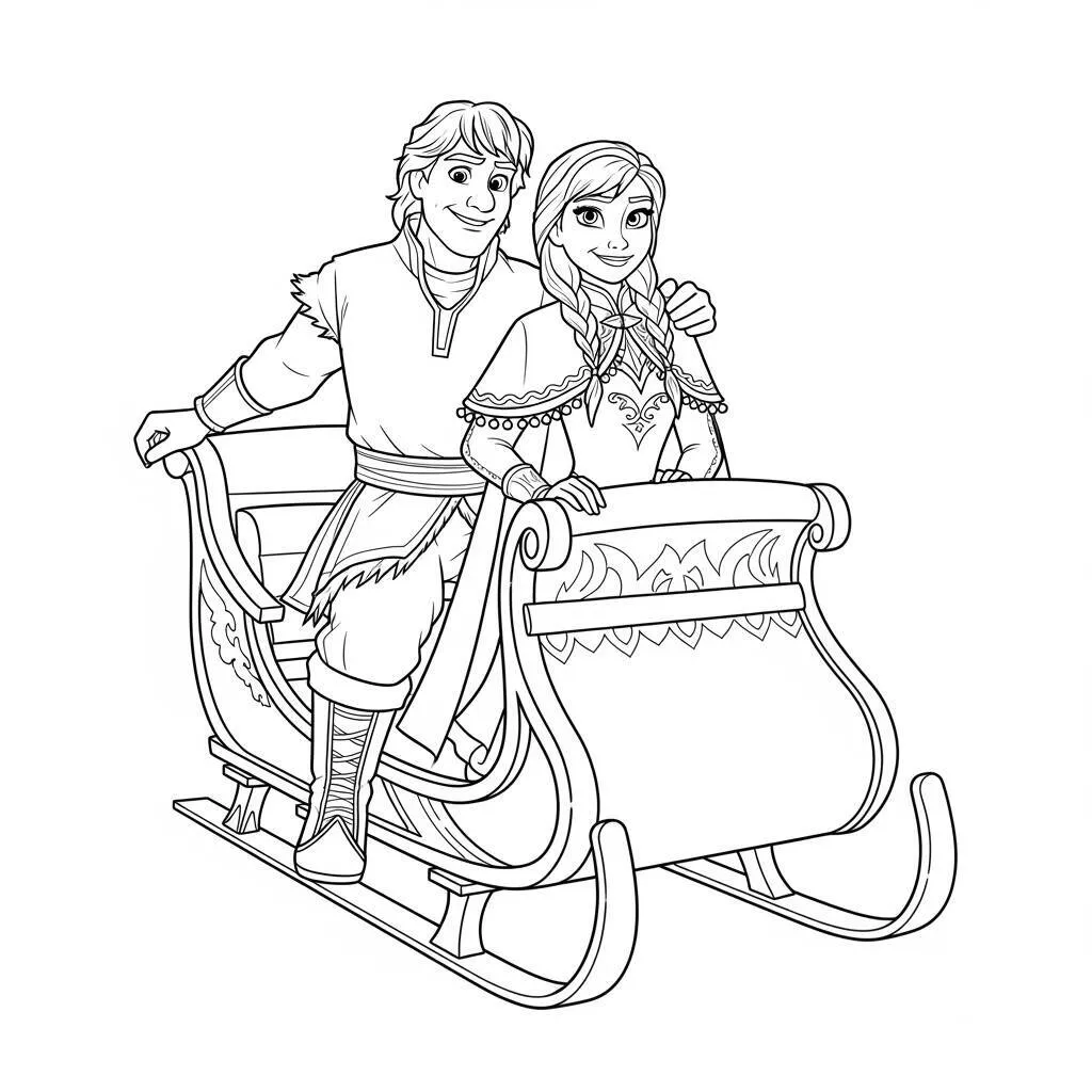 Desenho de Kristoff e Anna em um trenó para Colorir