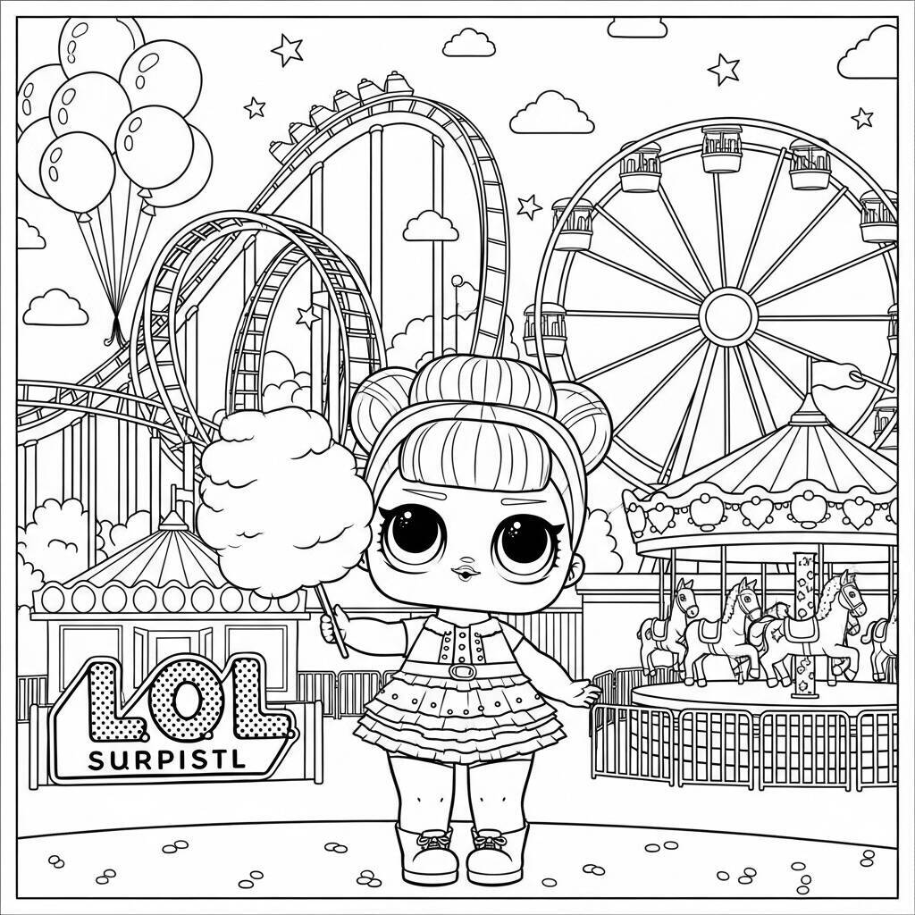 Desenho de LOL Surprise em um Parque de Diversões para Colorir