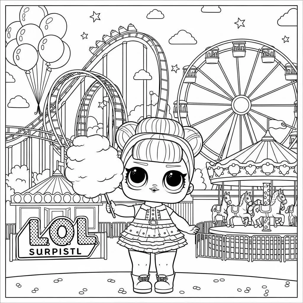 Desenho de LOL Surprise em um Parque de Diversões para Colorir