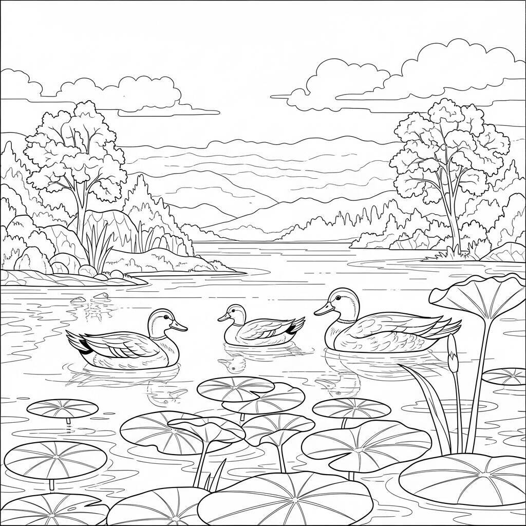 Desenho de Lago com Pato para Colorir