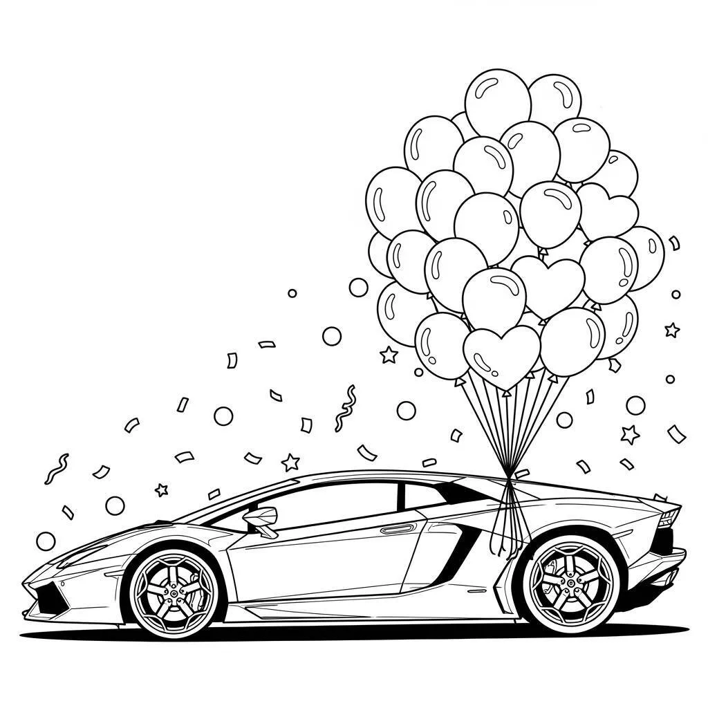 Desenho de Lamborghini com Balões e Confetes para Colorir