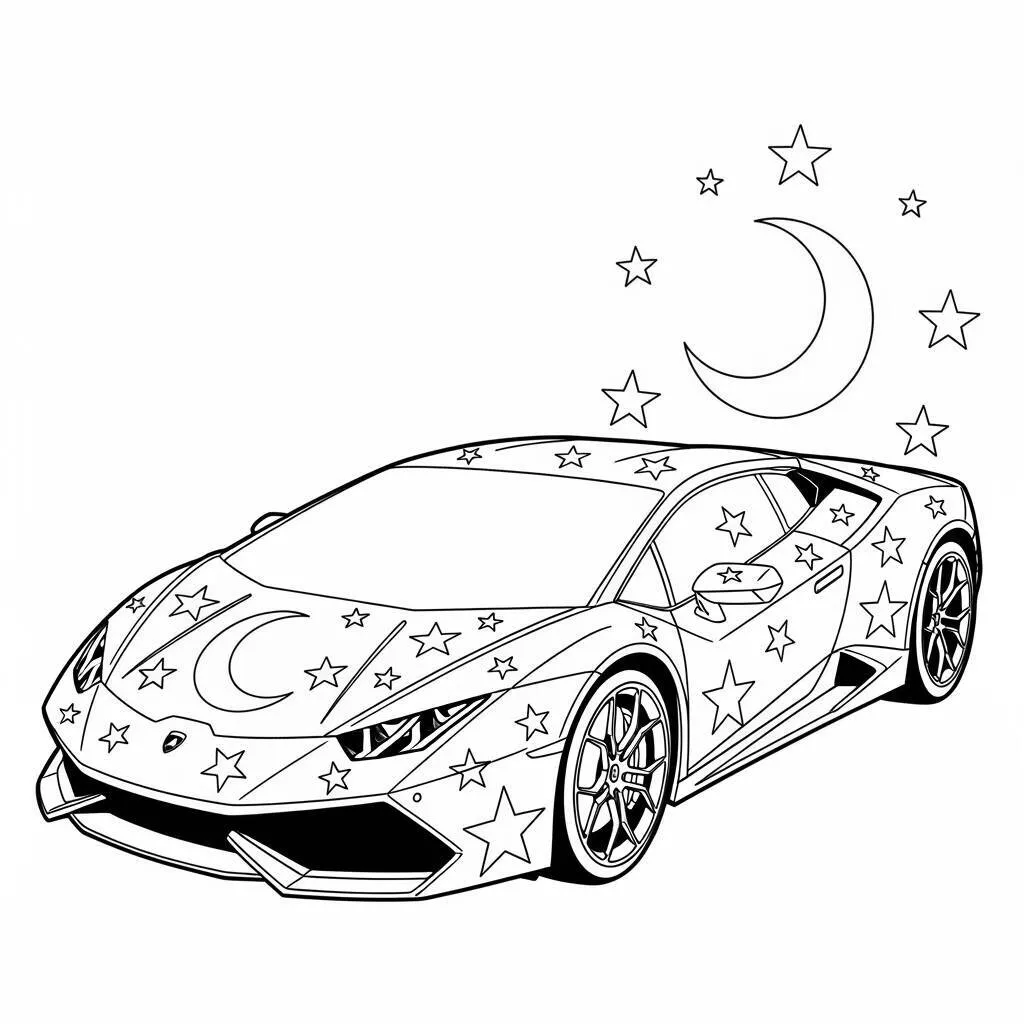 Desenho de Lamborghini com Estrelas e Lua para Colorir