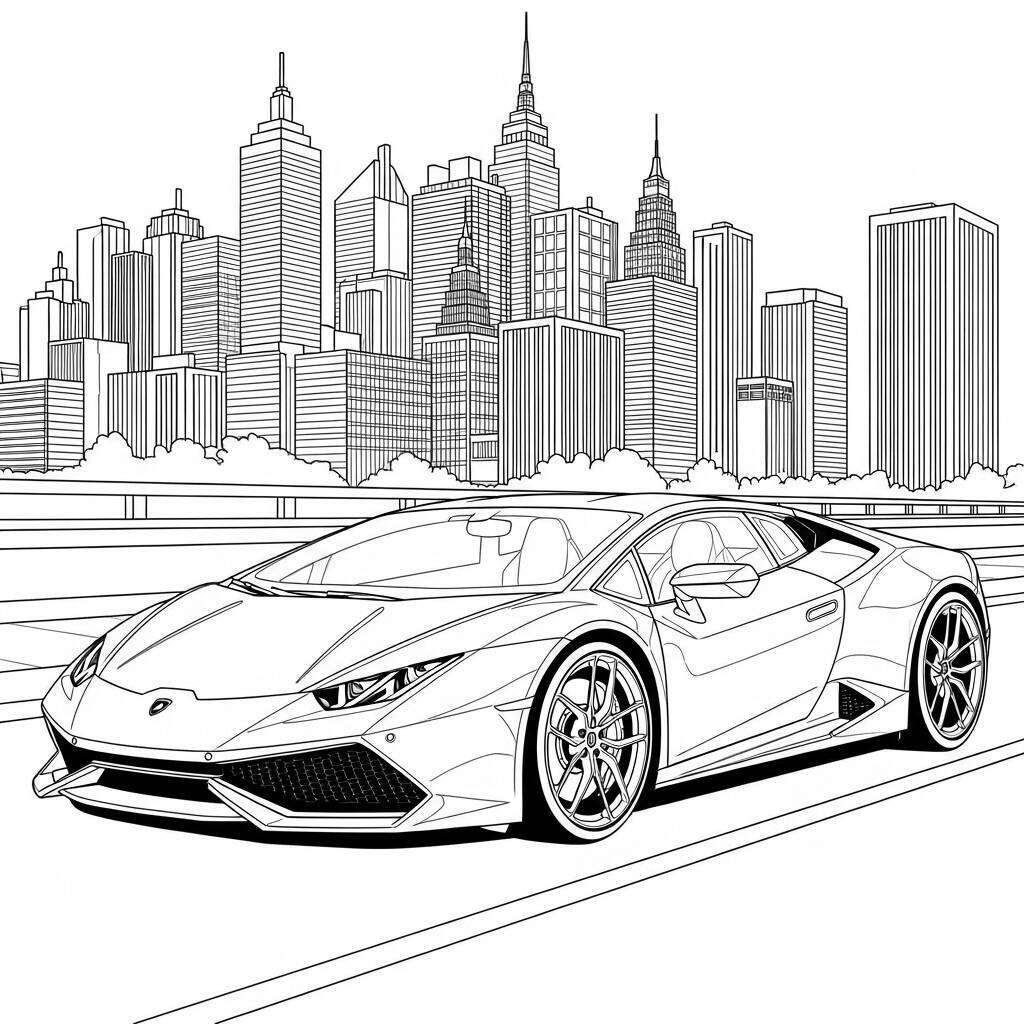 Coloriage Lamborghini avec fond de ville