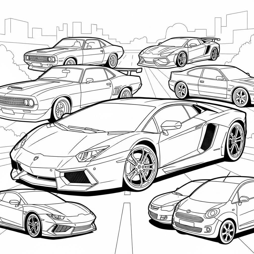 Coloriage Lamborghini avec d'autres voitures