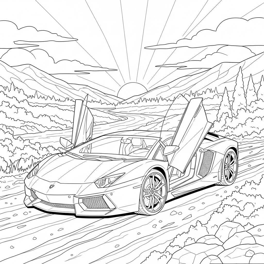 Coloriage Lamborghini dans un paysage naturel