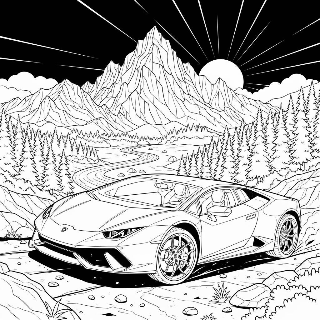 Coloriage Lamborghini dans un scénario d'aventure