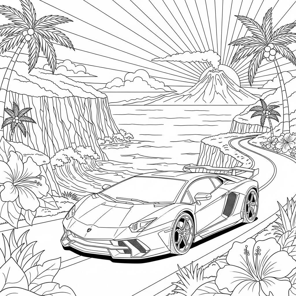 Coloriage Lamborghini dans un lieu exotique