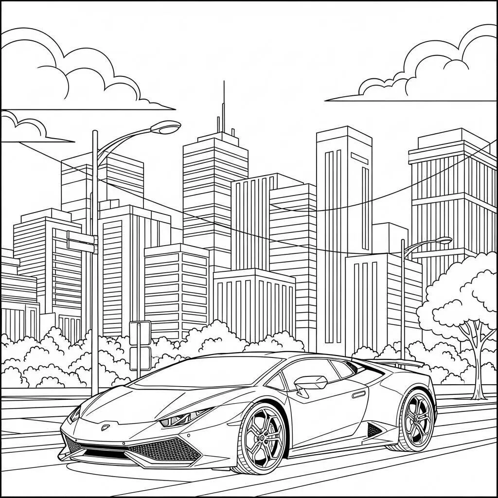 Desenho-de-Lamborghini-em-uma-Paisagem-Urbana-para-Colorir Desenho de Lamborghini em uma Paisagem Urbana para Colorir