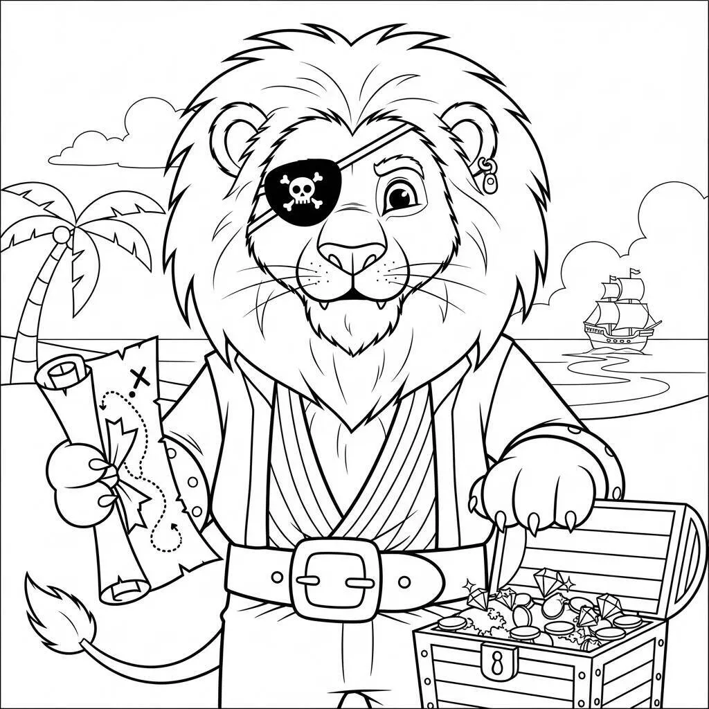 Desenho de Leão com Chapéu de Pirata para Colorir