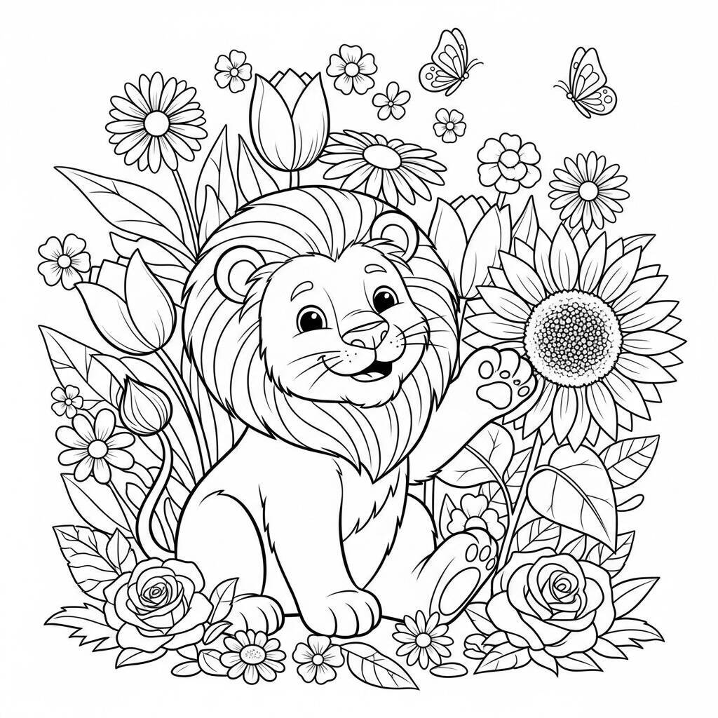 Leone con fiori da colorare