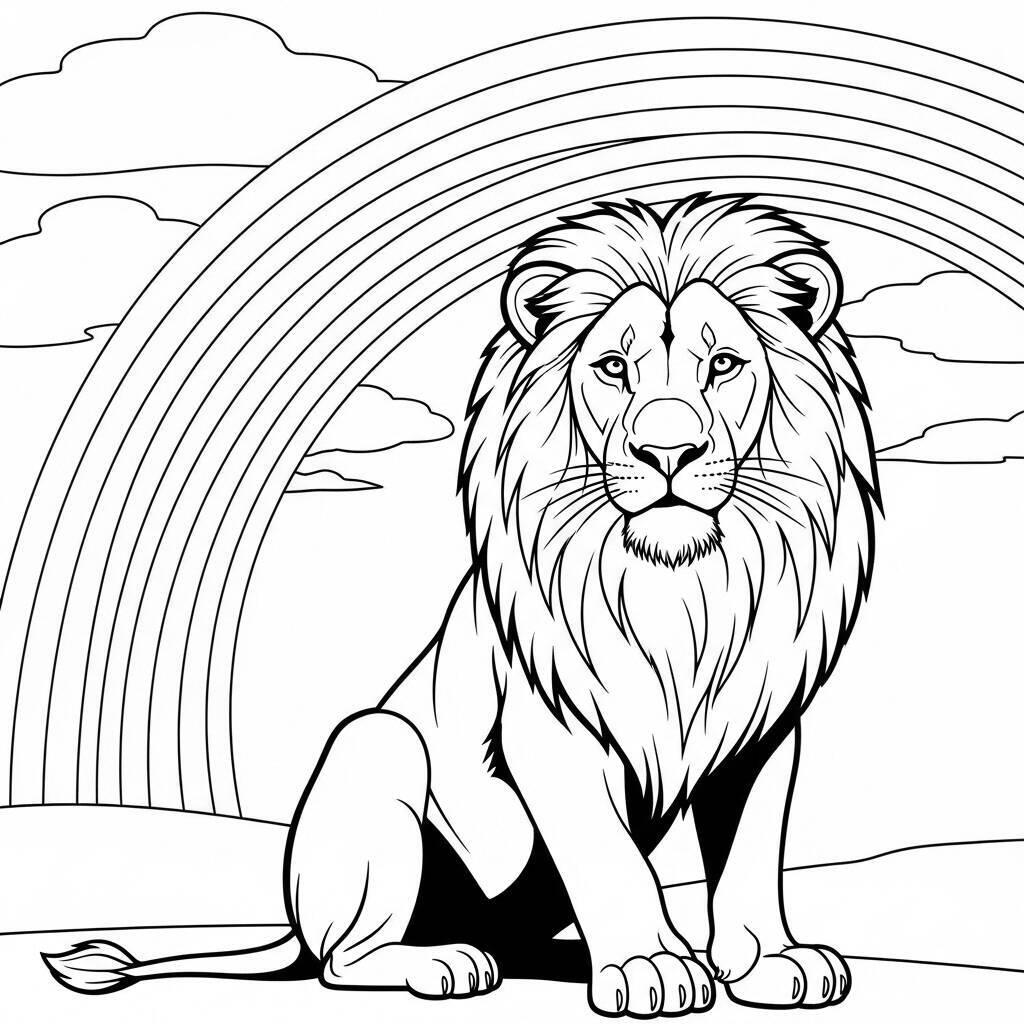 Leone con la pagina da colorare di sfondo arcobaleno