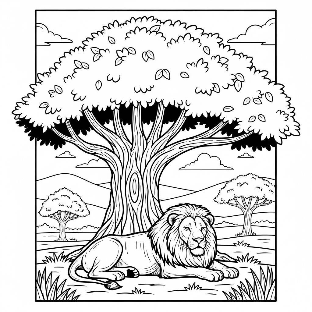 Pagina da colorare di leone e alberi