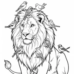 Desenho de Leão e Pássaros para Colorir
