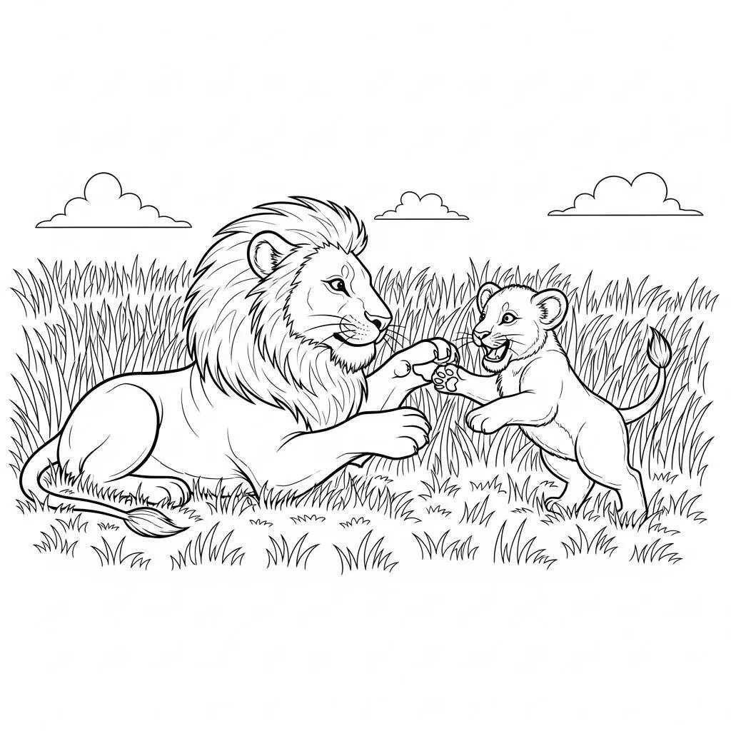 Desenho de Leão e seu Filhote para Colorir