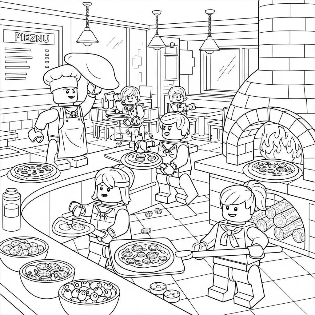 Desenho de Lego Fazendo Pizza para Colorir