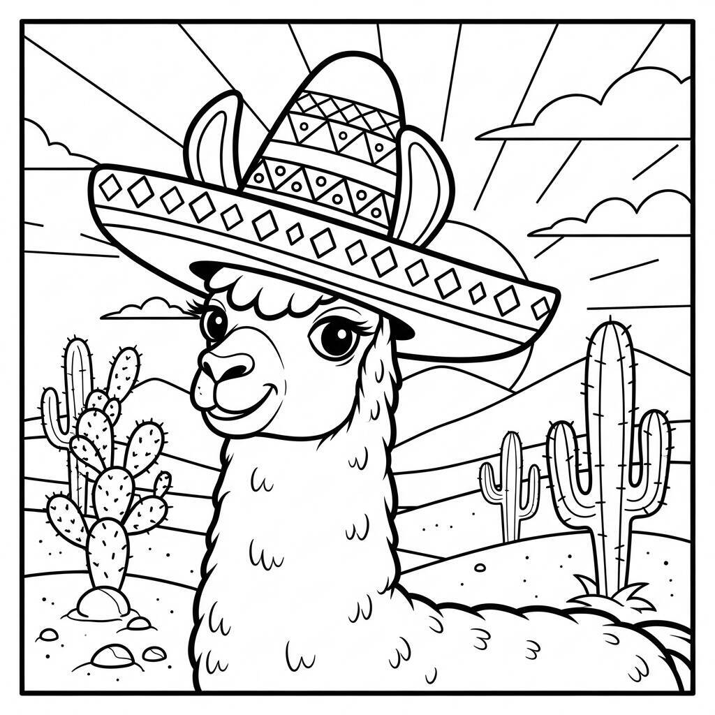 Desenho de Lhama com Chapéu para Colorir