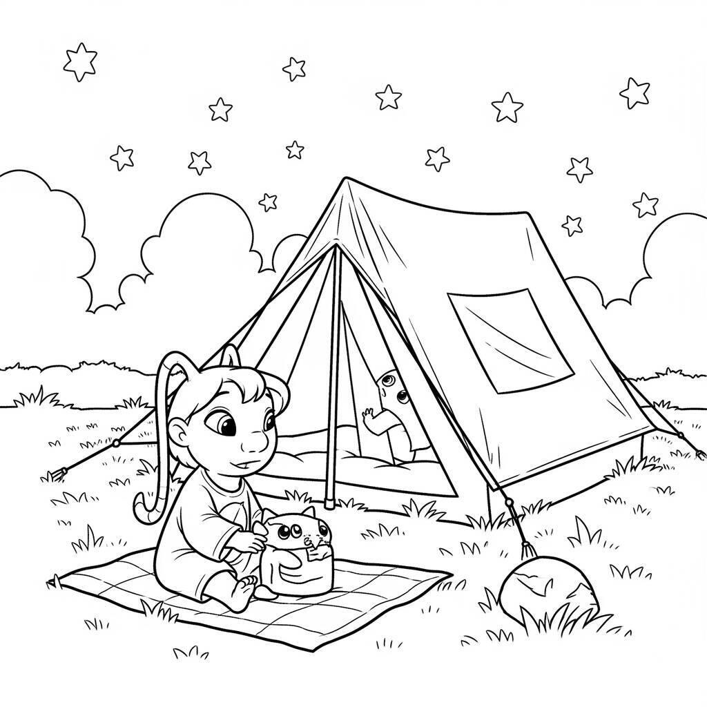 Desenho de Lilo e Angel Acampando para Colorir