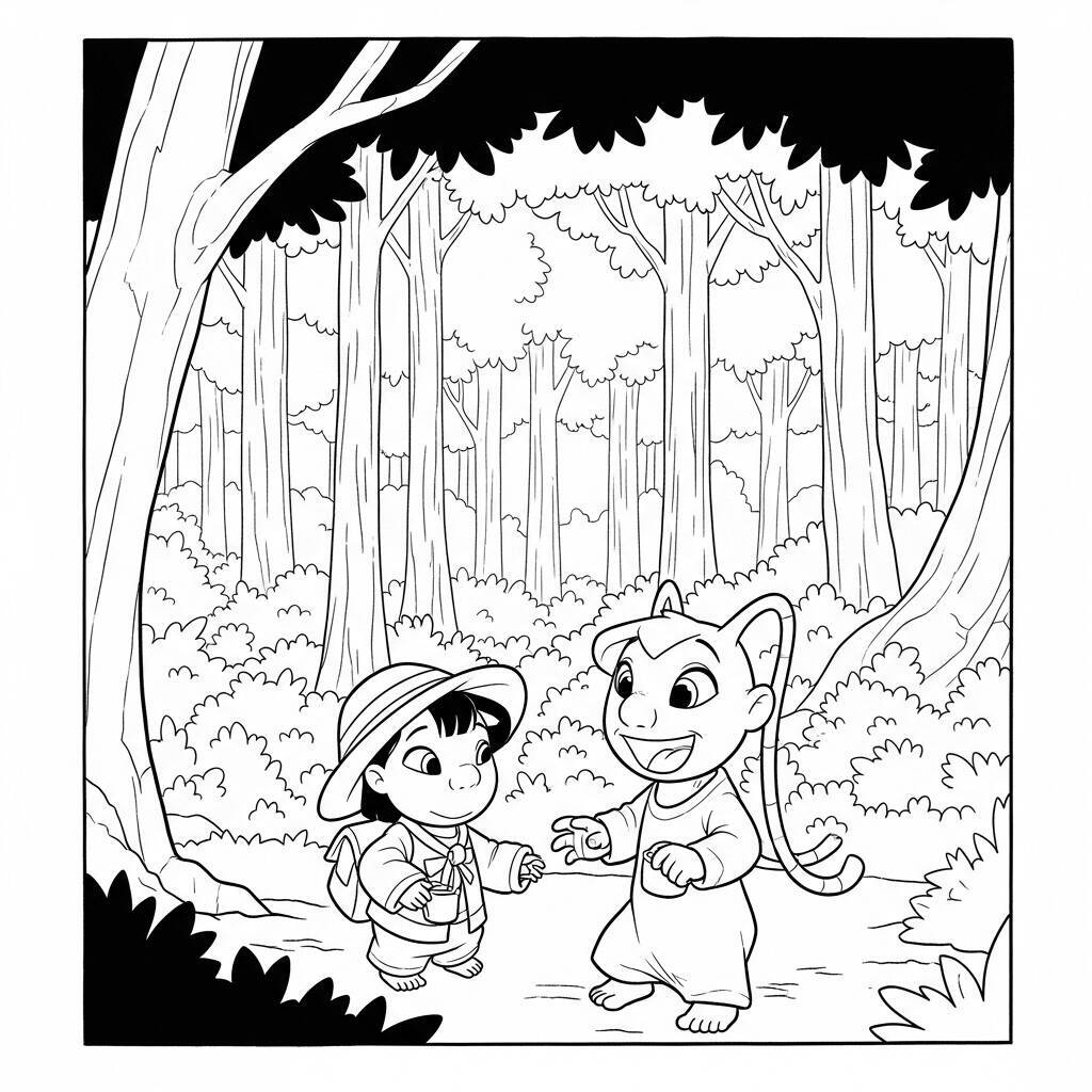 Desenho de Lilo e Angel Aventura na Floresta para Colorir