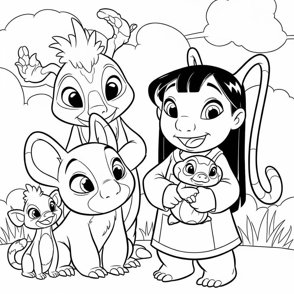 Desenho de Lilo e Angel com Animais para Colorir