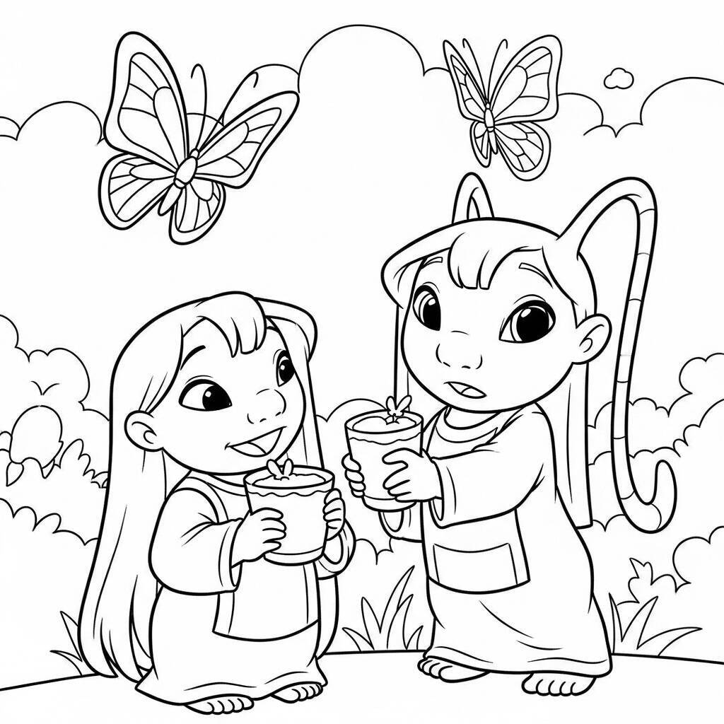 Desenho de Lilo e Angel com Borboletas para Colorir