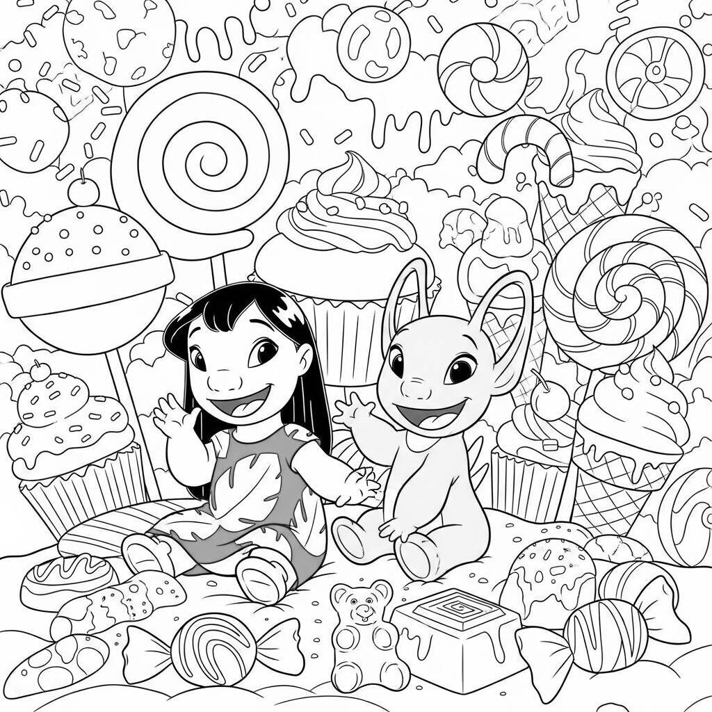 Desenho de Lilo e Angel com Doces para Colorir