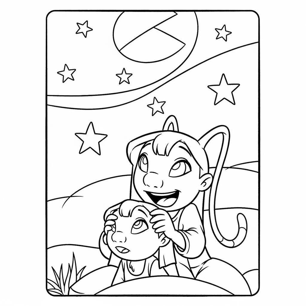 Desenho de Lilo e Angel com Estrelas para Colorir