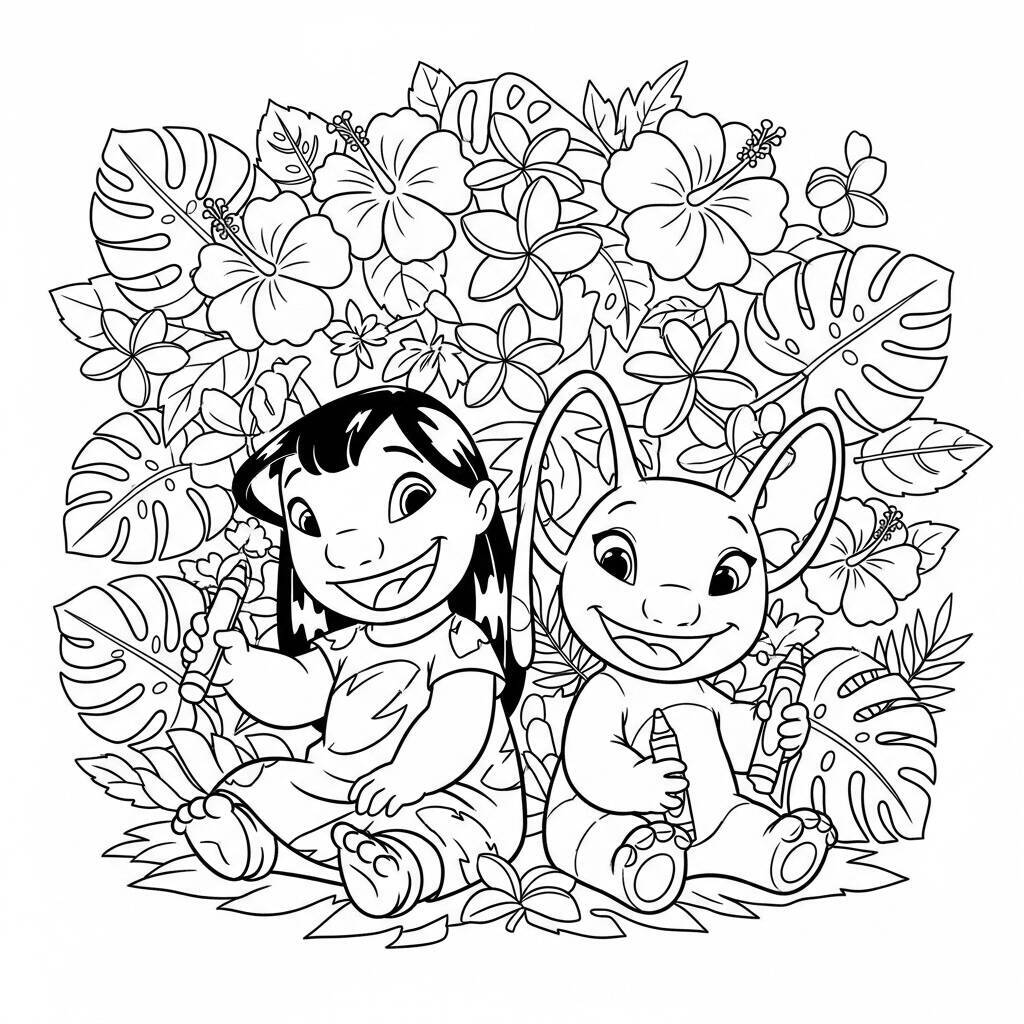 Desenho de Lilo e Angel com Flores para Colorir