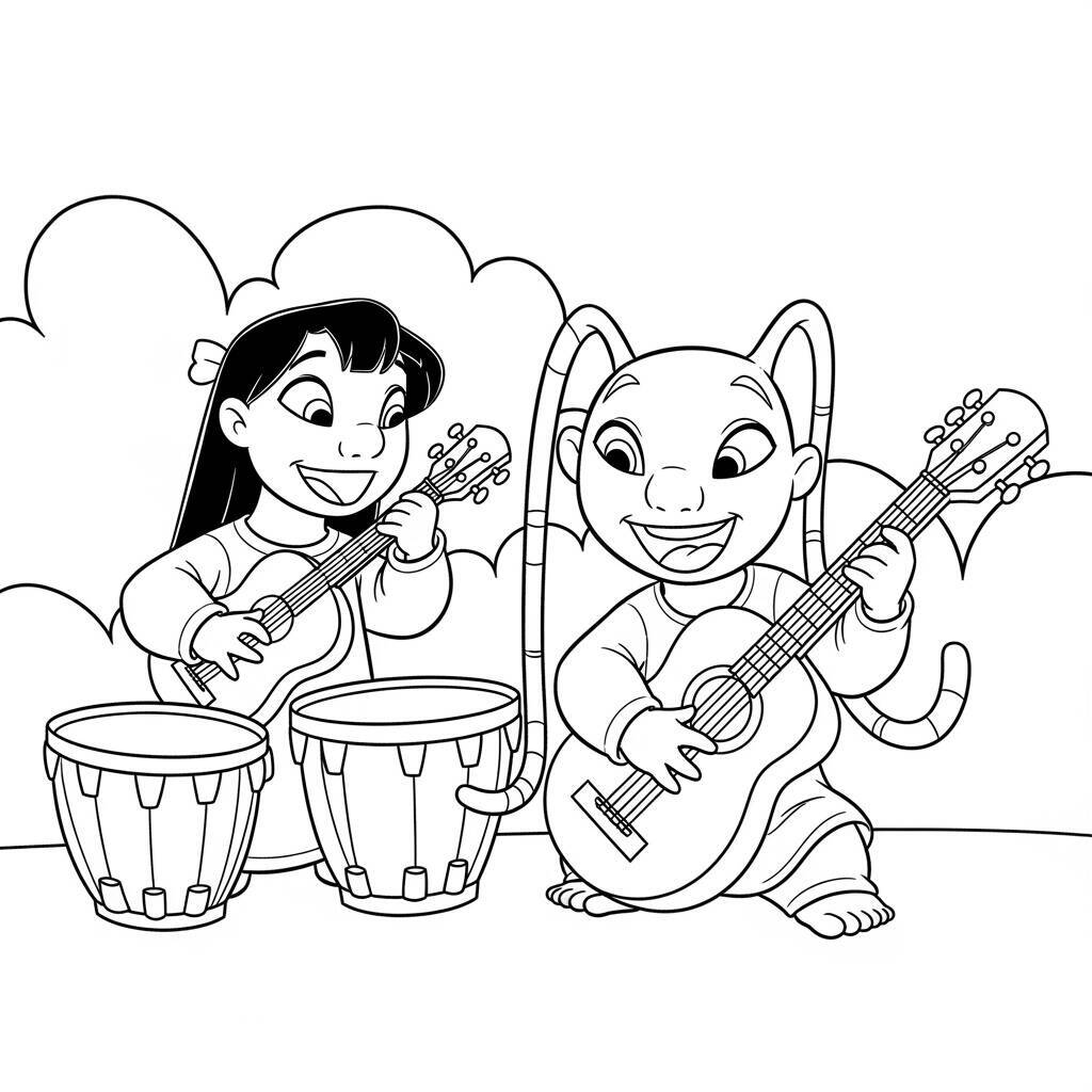 Desenho de Lilo e Angel com Instrumentos Musicais para Colorir