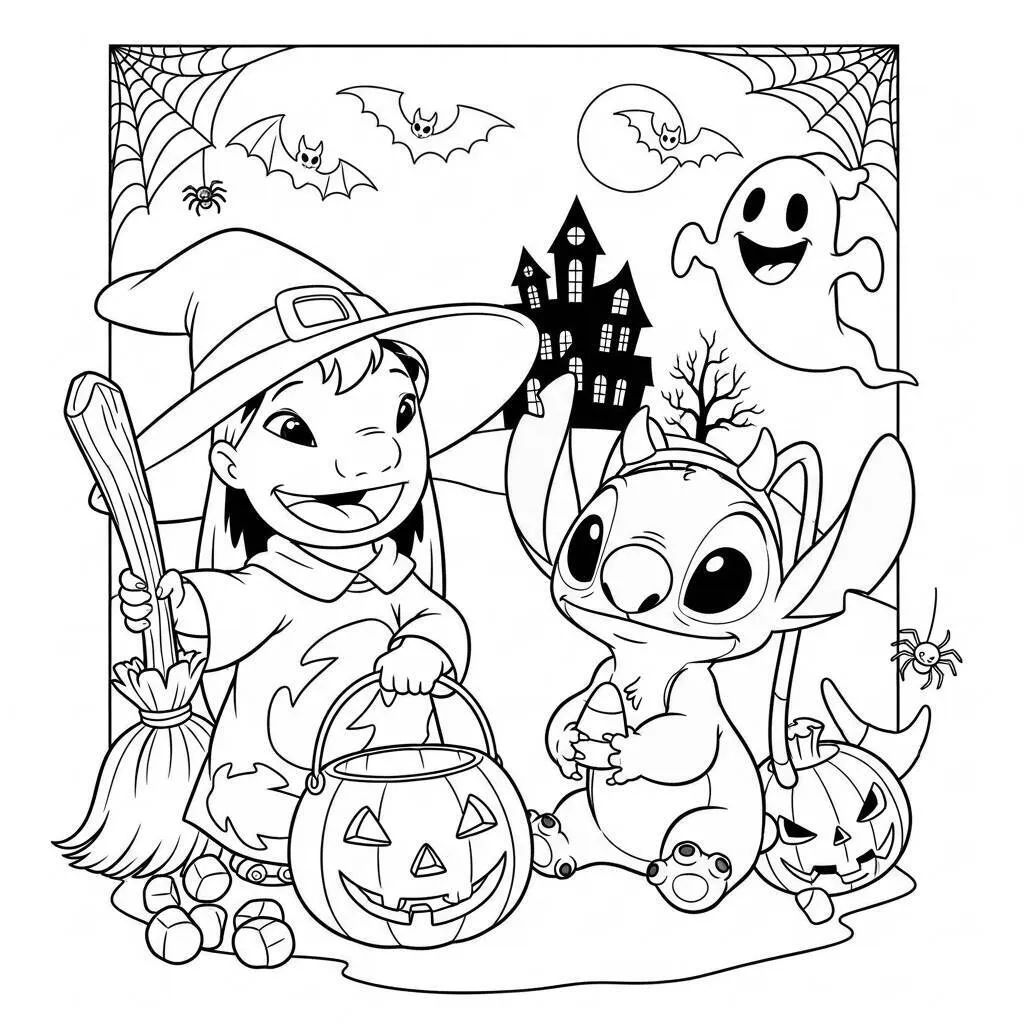 Desenho de Lilo e Angel e seu Dia de Halloween para Colorir
