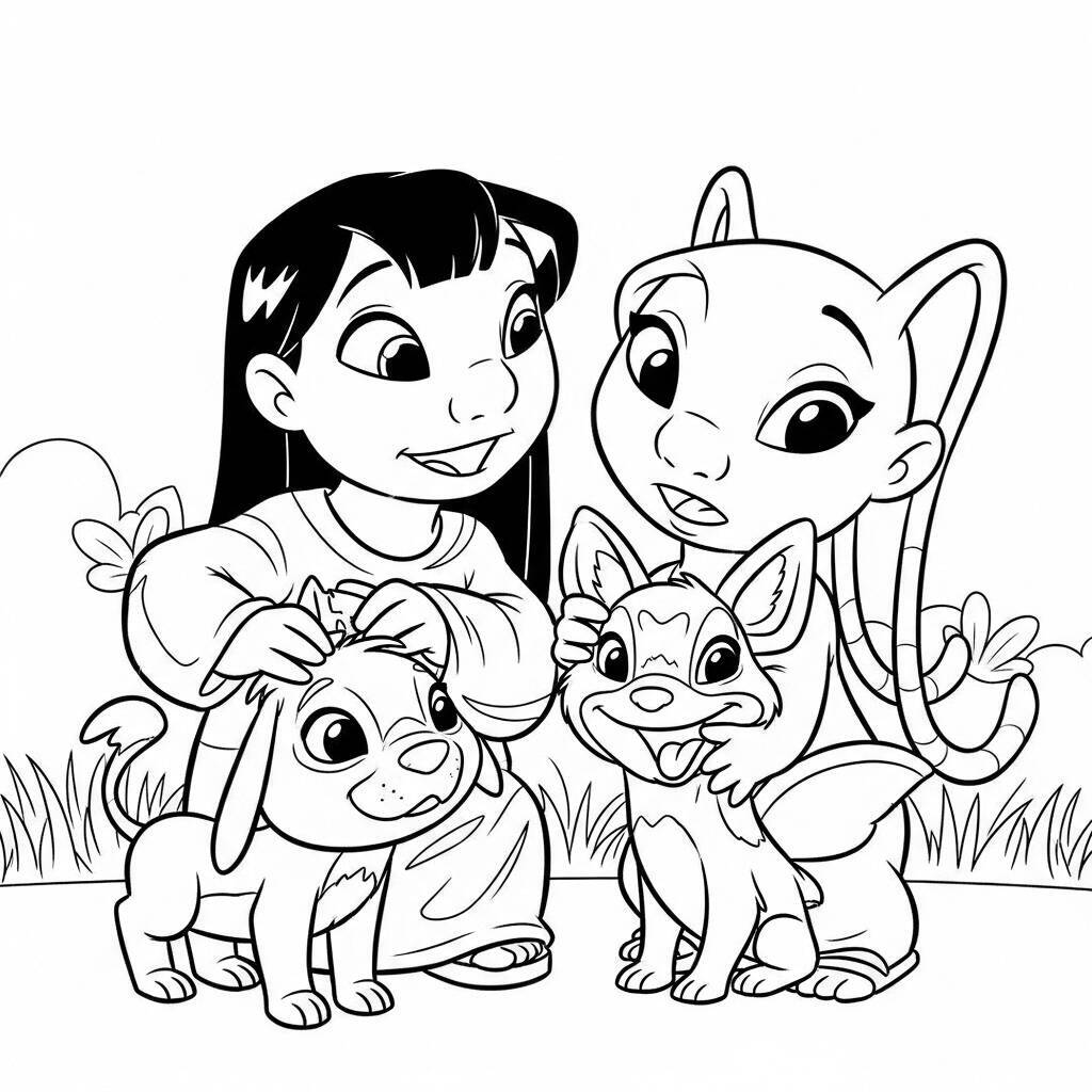 Desenho de Lilo e Angel e seu Pet para Colorir