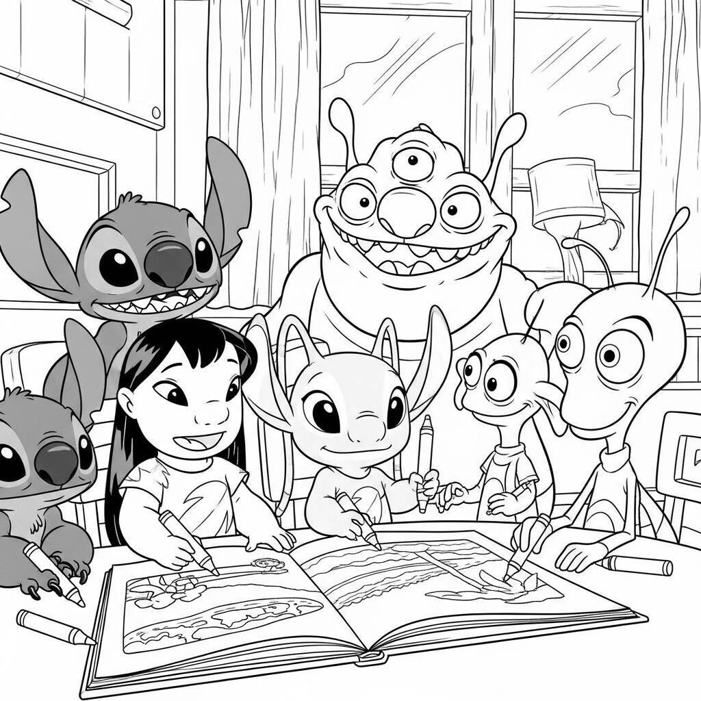 Desenho de Lilo e Angel e seus Amigos para Colorir