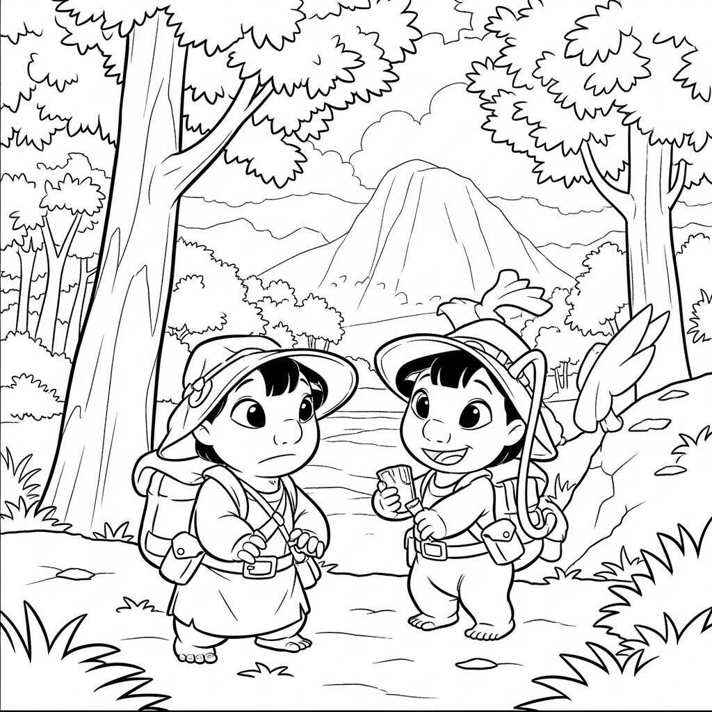 Desenho de Lilo e Angel e suas Aventuras na Natureza para Colorir