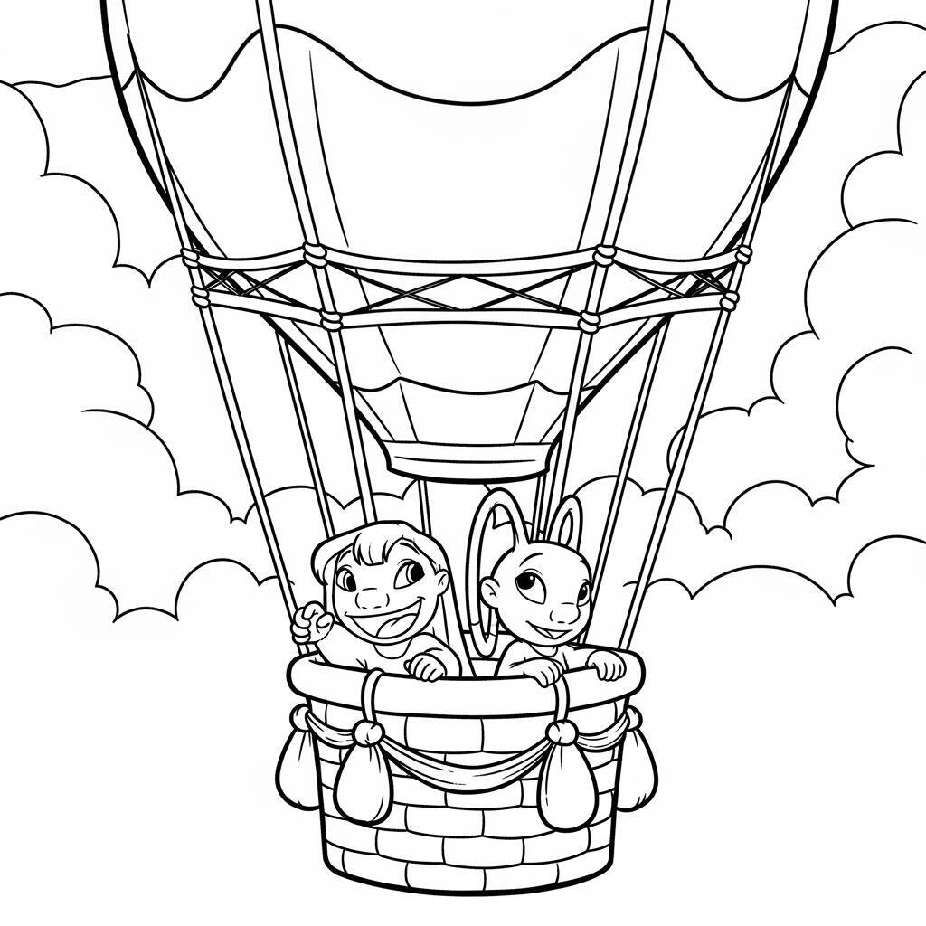 Desenho de Lilo e Angel em um Balão de Ar Quente para Colorir